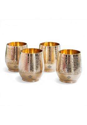 INDIAN ART VILLA Embossed Flower Design Brass Glass Tumbler | 300 ml | 10.1 fl oz | 4-Piece Set