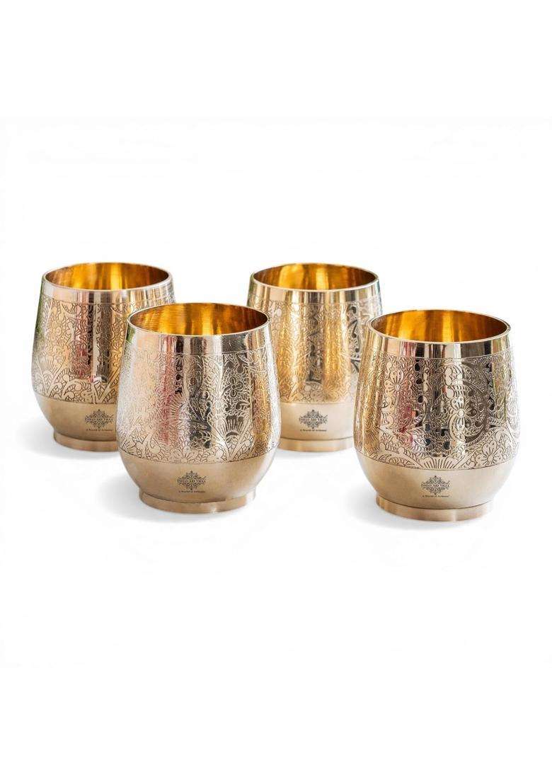 INDIAN ART VILLA Embossed Flower Design Brass Glass Tumbler | 300 ml | 10.1 fl oz | 4-Piece Set - Indya