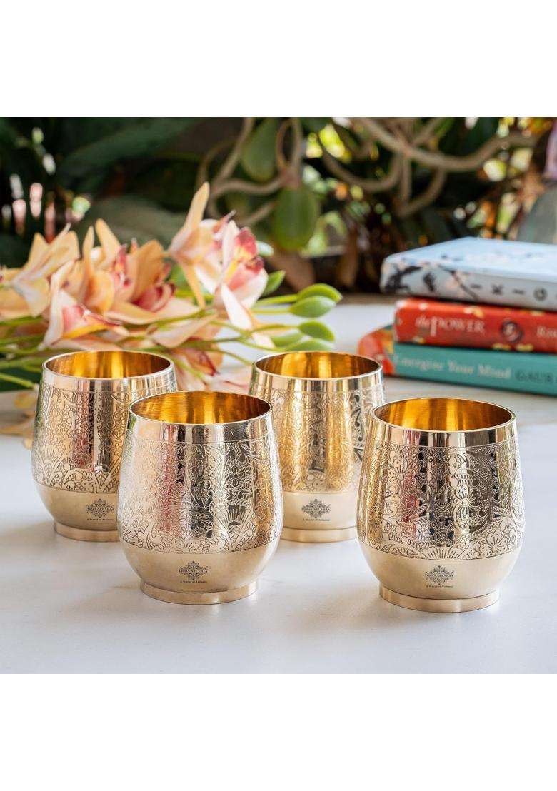INDIAN ART VILLA Embossed Flower Design Brass Glass Tumbler | 300 ml | 10.1 fl oz | 4-Piece Set - Indya