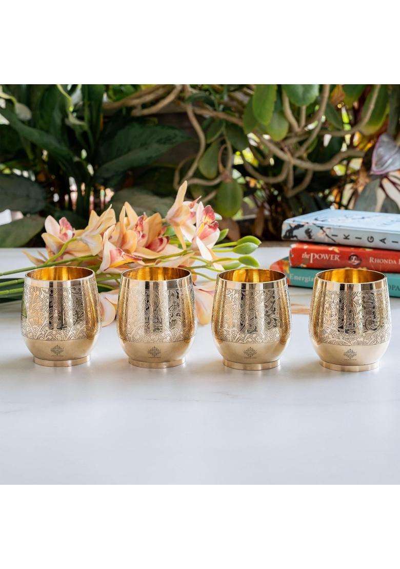 INDIAN ART VILLA Embossed Flower Design Brass Glass Tumbler | 300 ml | 10.1 fl oz | 4-Piece Set - Indya