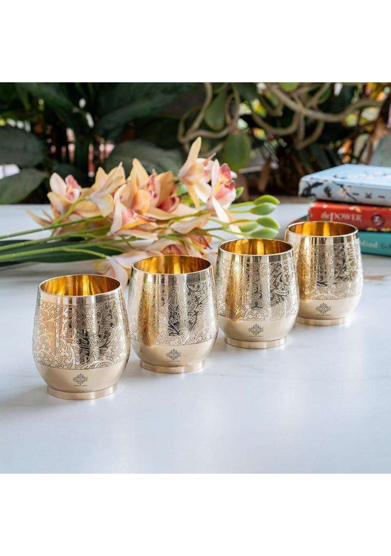 INDIAN ART VILLA Embossed Flower Design Brass Glass Tumbler | 300 ml | 10.1 fl oz | 4-Piece Set - Indya