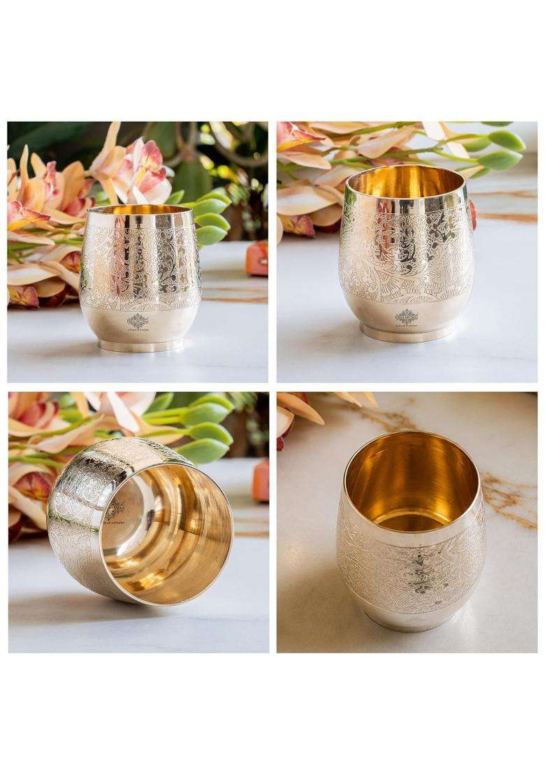 INDIAN ART VILLA Embossed Flower Design Brass Glass Tumbler | 300 ml | 10.1 fl oz - Indya