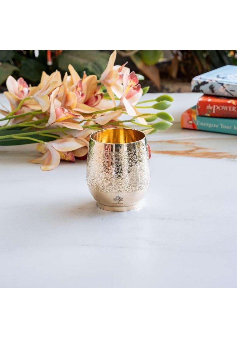 INDIAN ART VILLA Embossed Flower Design Brass Glass Tumbler | 300 ml | 10.1 fl oz - Indya
