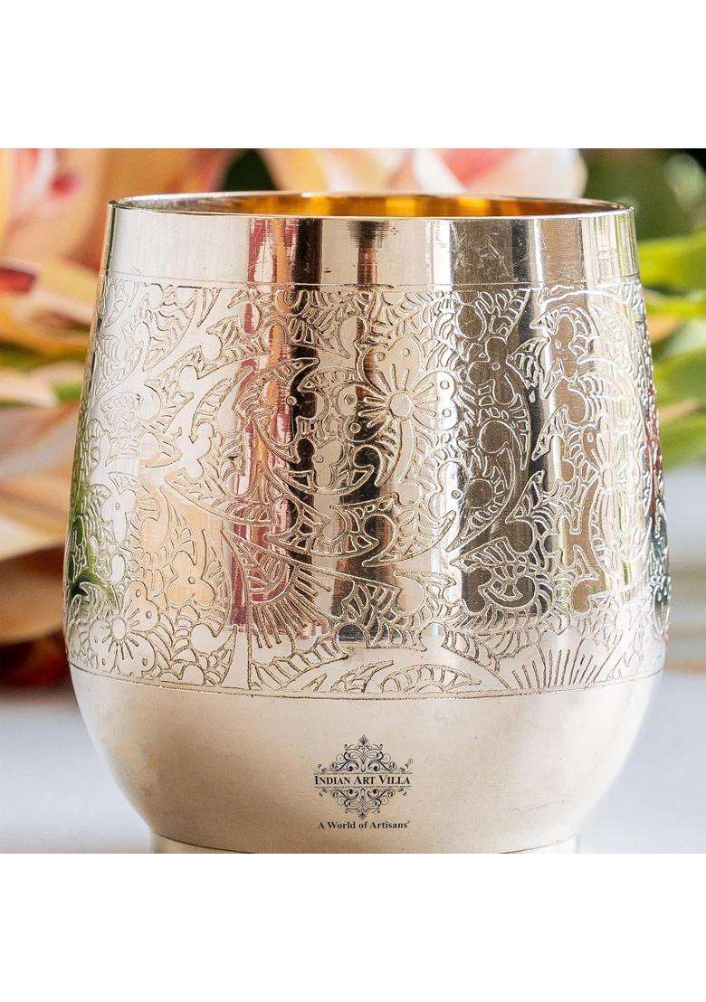 INDIAN ART VILLA Embossed Flower Design Brass Glass Tumbler | 300 ml | 10.1 fl oz - Indya