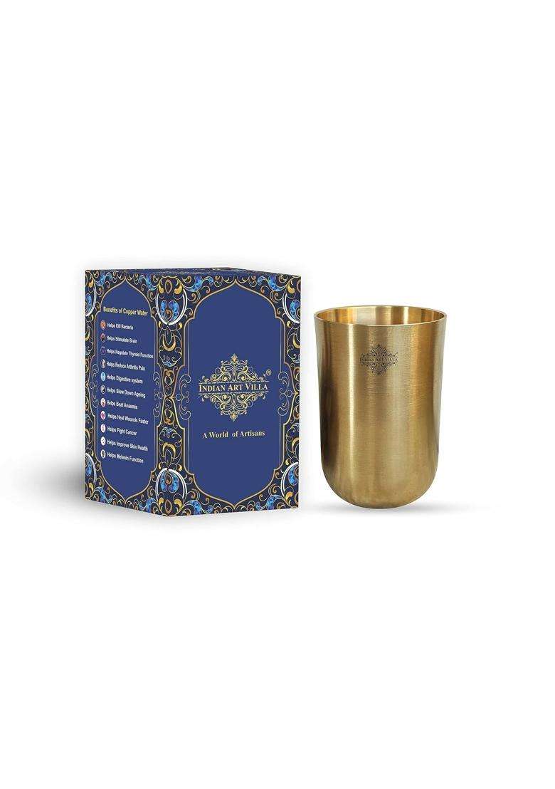 INDIAN ART VILLA Brass Round Glass Tumbler with Matt Finish | 300 ml | 10.1 fl oz | Handcrafted - Indya