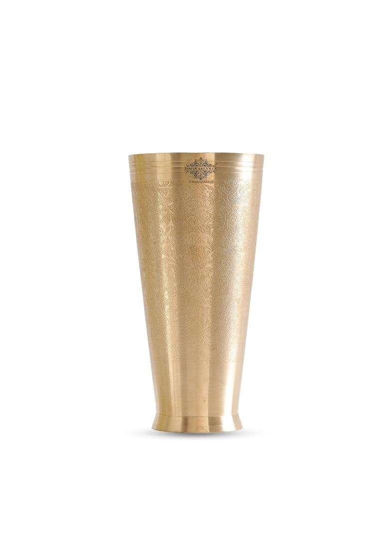 INDIAN ART VILLA Brass Lassi Glass with Embossed Design | 400 ml | 13.5 fl oz | 4.5 Inch | 2-Piece Set - Indya