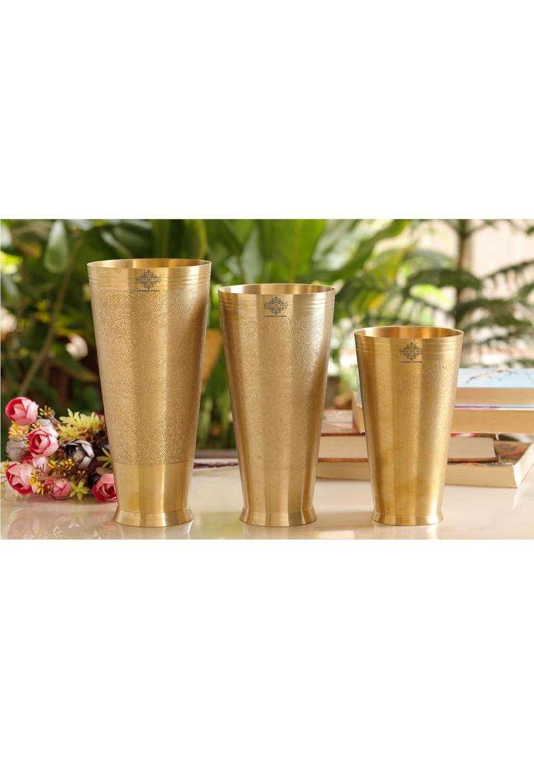 INDIAN ART VILLA Brass Lassi Glass with Embossed Design | 400 ml | 13.5 fl oz | 4.5 Inch | 2-Piece Set - Indya