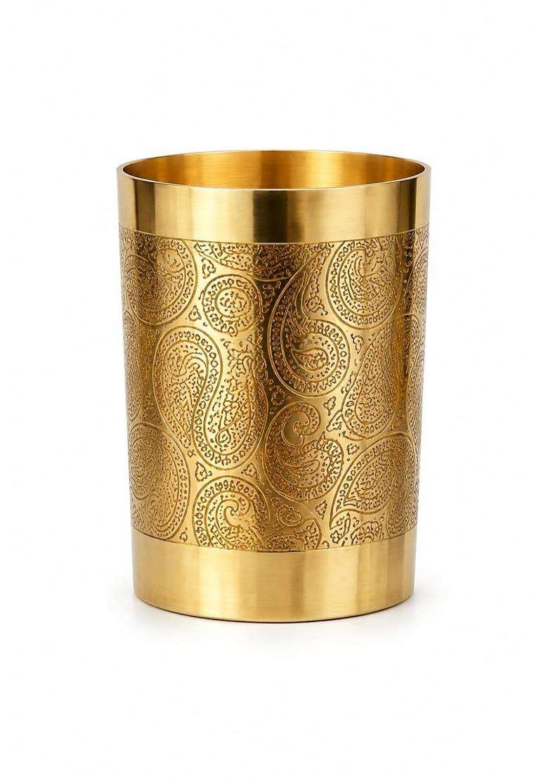 Copper-Master 100 Pure Brass Good Luck Paisley Etched Water Glass Tumbler | 300 ml | 10.1 fl oz - Indya