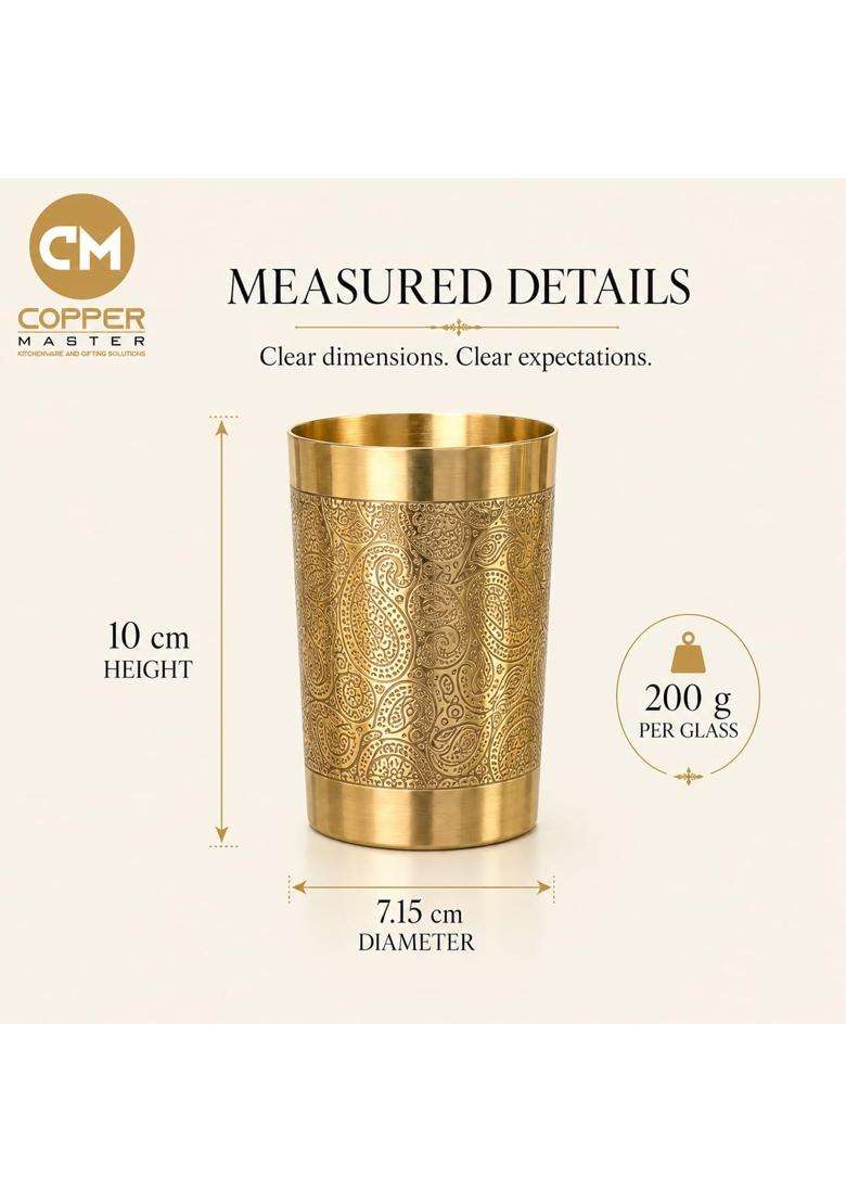 Copper-Master 100 Pure Brass Good Luck Paisley Etched Water Glass Tumbler | 300 ml | 10.1 fl oz - Indya
