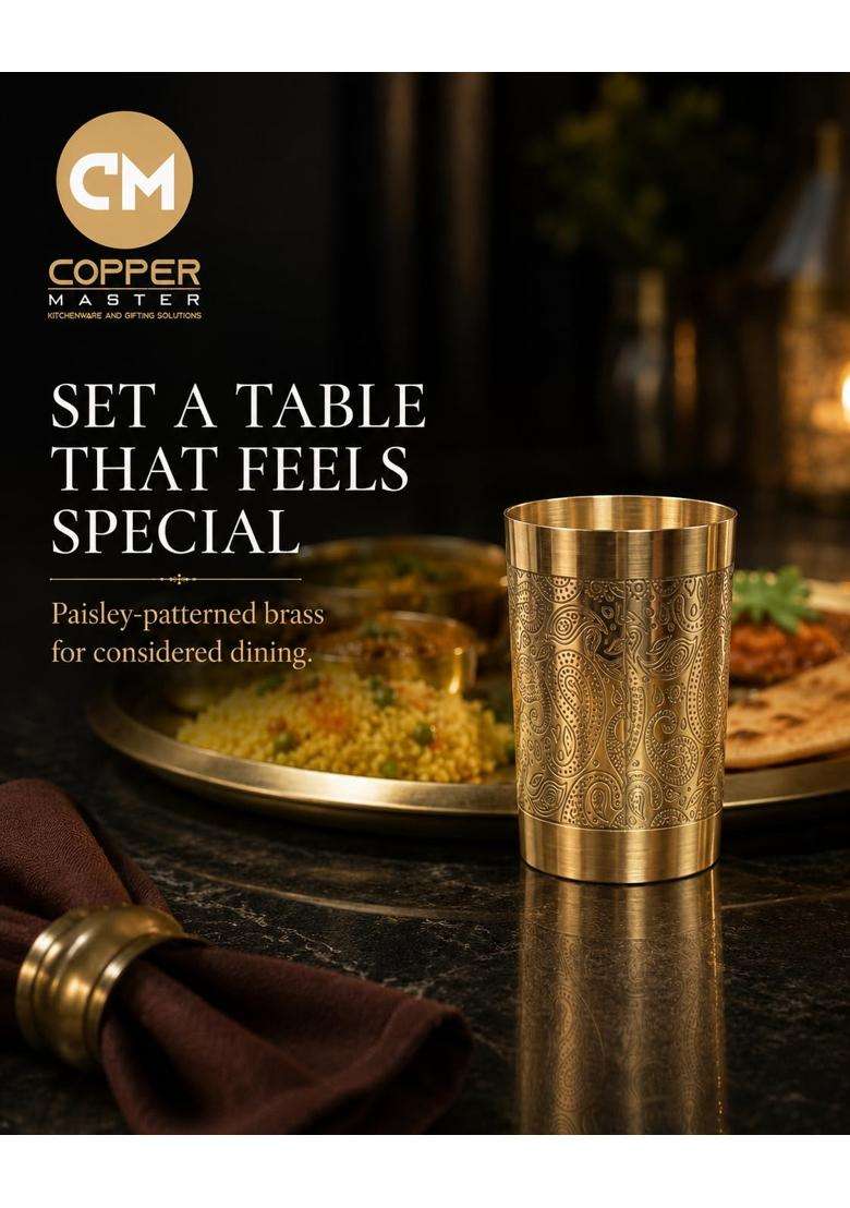 Copper-Master 100 Pure Brass Good Luck Paisley Etched Water Glass Tumbler | 300 ml | 10.1 fl oz - Indya