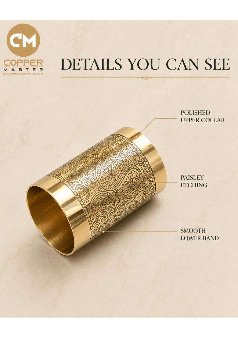 Copper-Master 100 Pure Brass Good Luck Paisley Etched Water Glass Tumbler | 300 ml | 10.1 fl oz - Indya