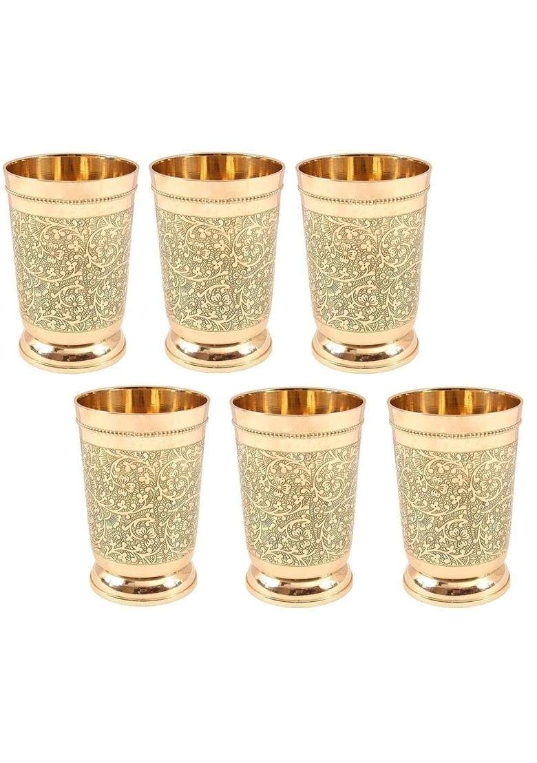 THE HEALING STORE Handcrafted Pure Brass Eaching Drinking Glass | 400 ml | 13.5 fl oz | 6-Piece Set - Indya
