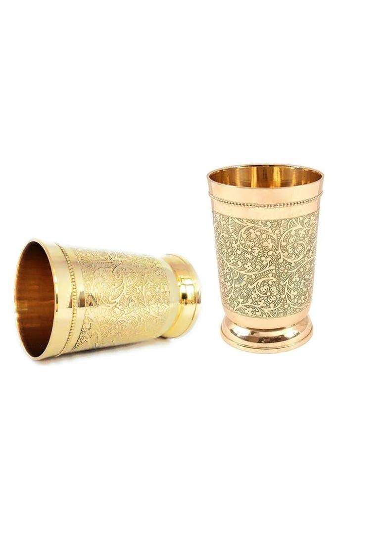 THE HEALING STORE Handcrafted Pure Brass Eaching Drinking Glass | 400 ml | 13.5 fl oz | 6-Piece Set - Indya