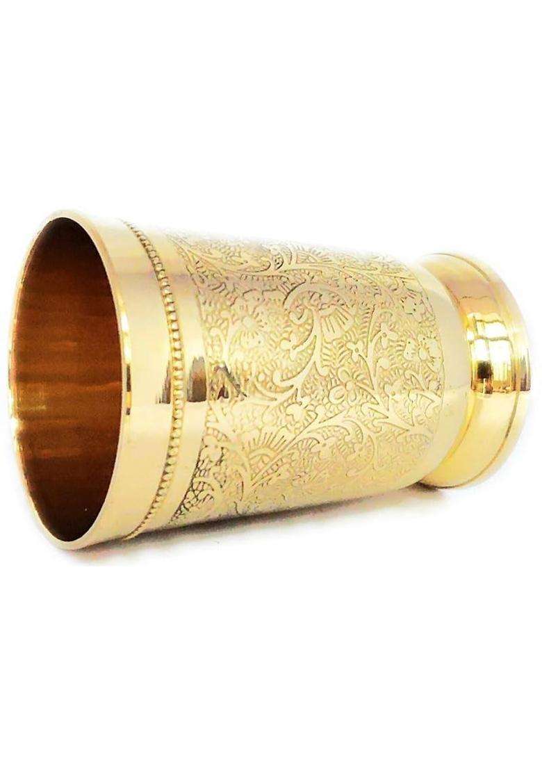 THE HEALING STORE Handcrafted Pure Brass Eaching Drinking Glass | 400 ml | 13.5 fl oz | 6-Piece Set - Indya