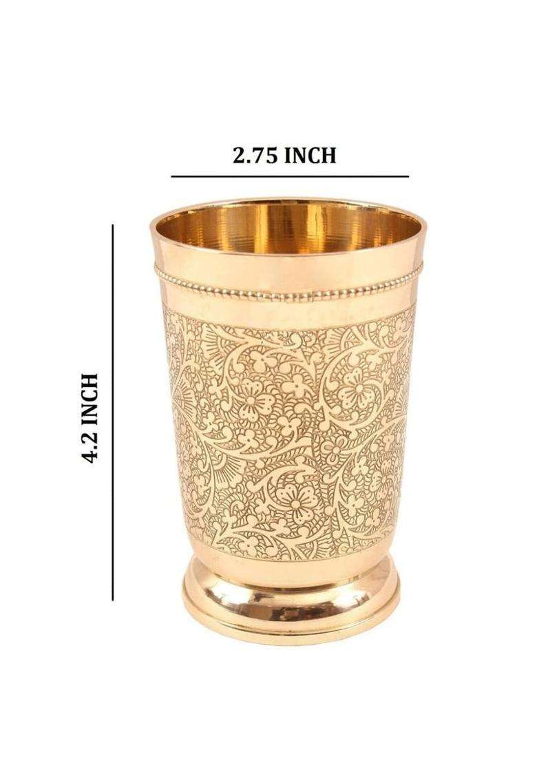 THE HEALING STORE Handcrafted Pure Brass Eaching Drinking Glass | 400 ml | 13.5 fl oz | 6-Piece Set - Indya