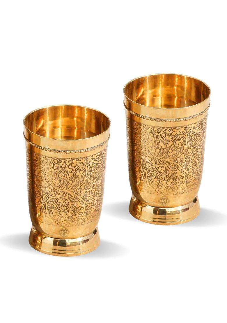 DSH CRAFTING YOUR CURIOSITY DSH Pure Brass Glass Tumbler Embossed Design Mughlai Style Glass | 300 ml | 10.1 fl oz - Indya