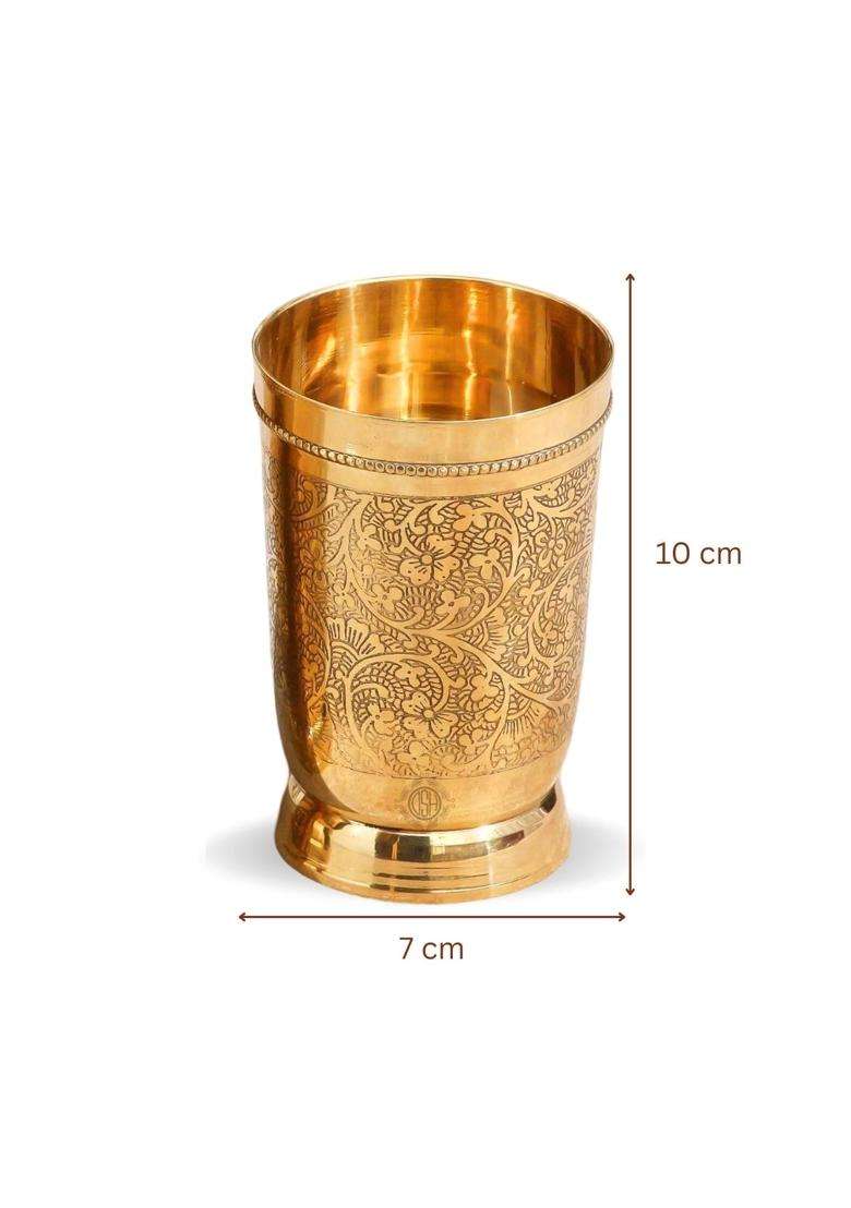 DSH CRAFTING YOUR CURIOSITY DSH Pure Brass Glass Tumbler Embossed Design Mughlai Style Glass | 300 ml | 10.1 fl oz - Indya