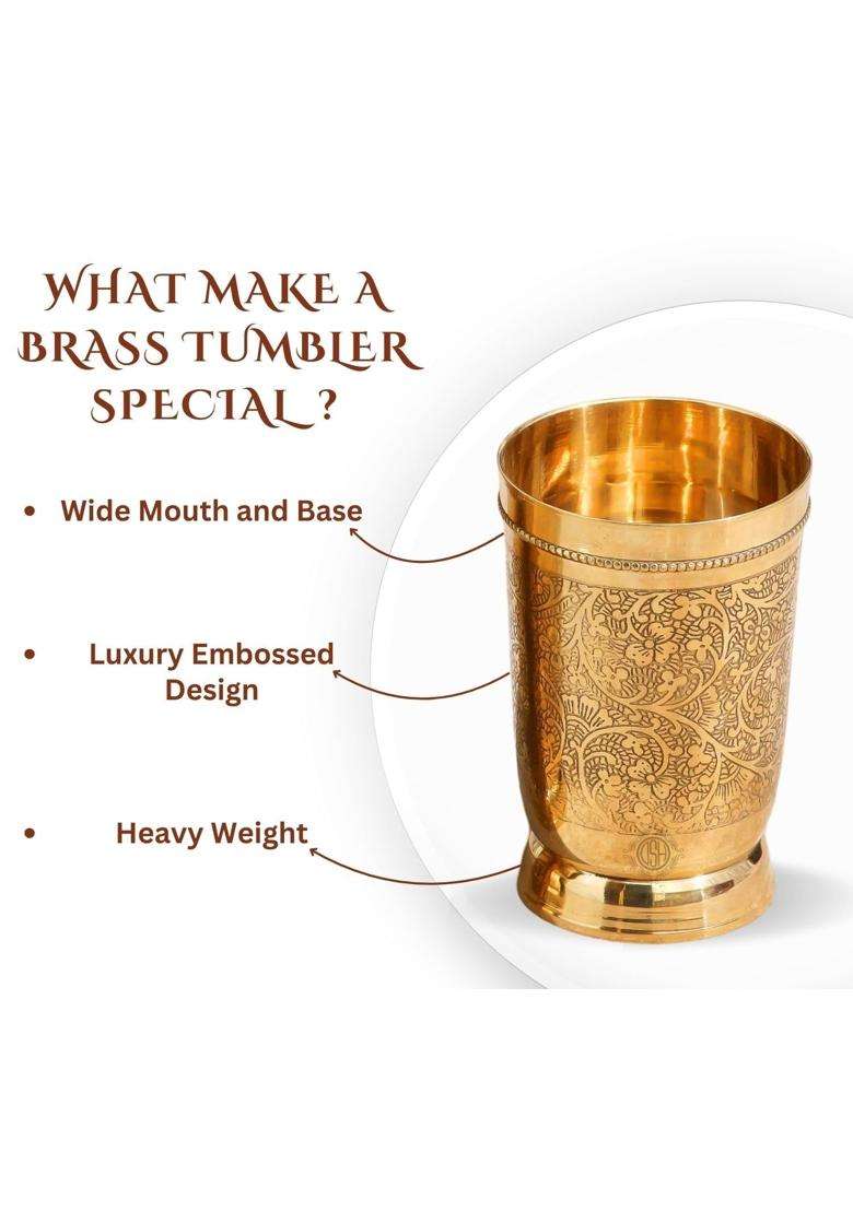 DSH CRAFTING YOUR CURIOSITY DSH Pure Brass Glass Tumbler Embossed Design Mughlai Style Glass | 300 ml | 10.1 fl oz - Indya