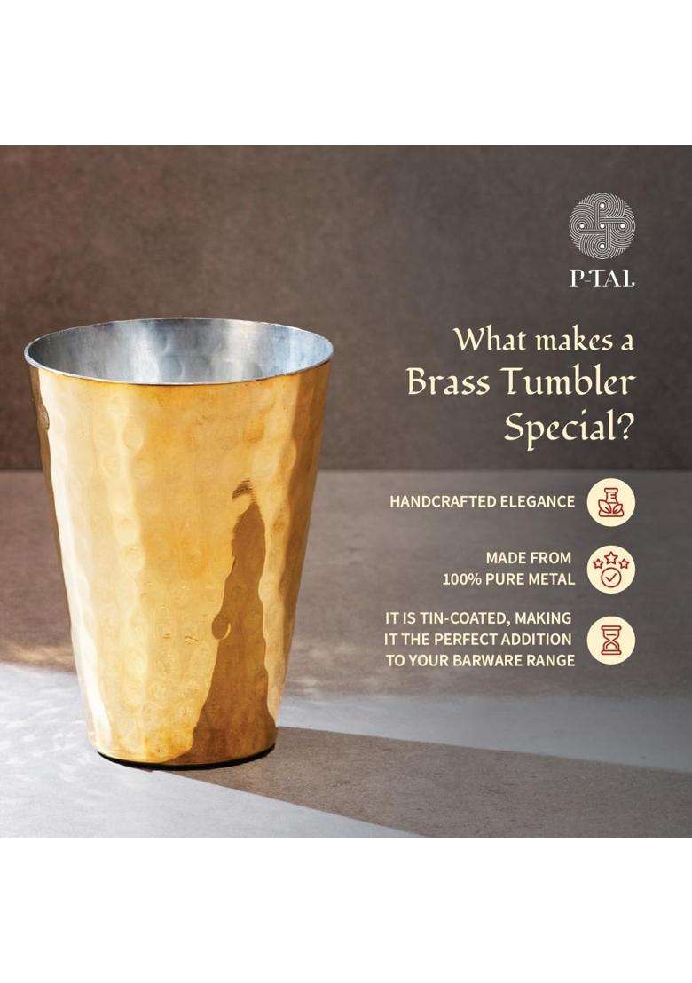 P-TAL Brass Glass Tumbler for Drinking and Serving Water with Ayurvedic Health | 350 ml | 11.8 fl oz | 2-Piece Set - Indya