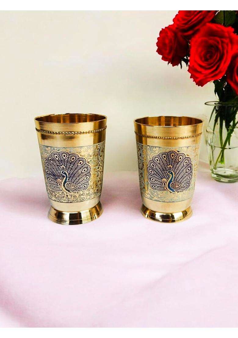 Blissful Decor Pure Brass Brass Leser Peacock Design Glass | 250 ml | 8.5 fl oz | 2-Piece Set - Indya