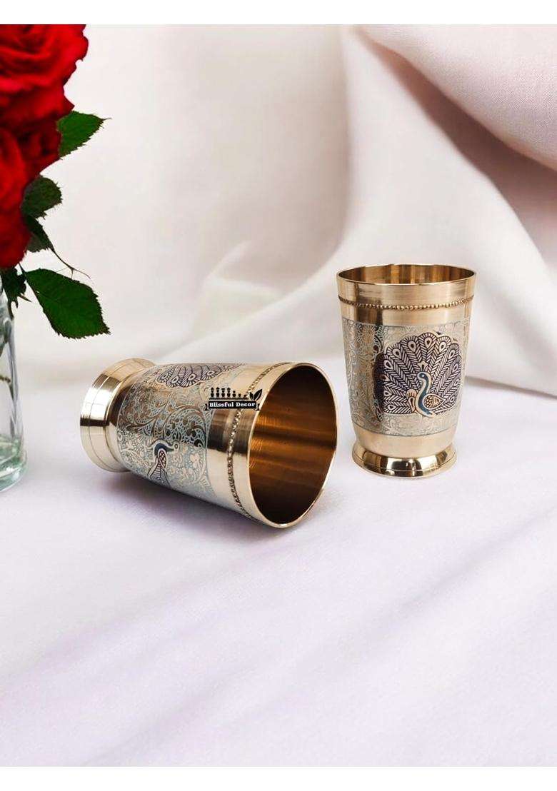 Blissful Decor Pure Brass Brass Leser Peacock Design Glass | 250 ml | 8.5 fl oz | 2-Piece Set - Indya
