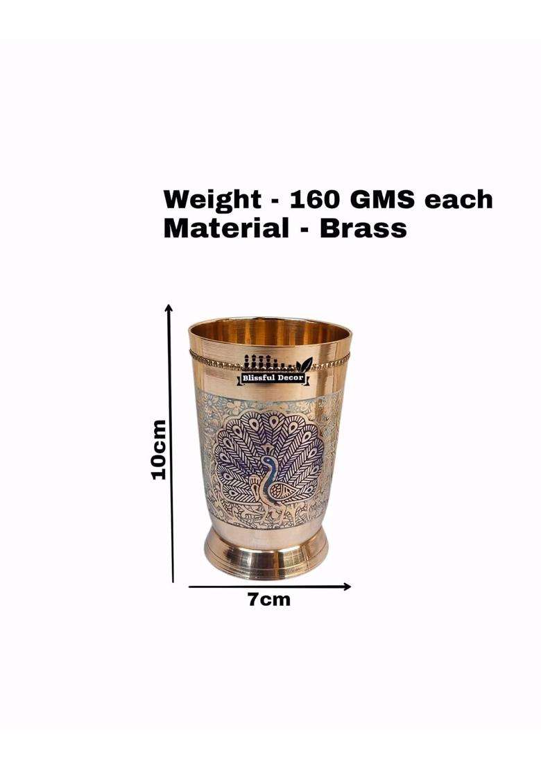 Blissful Decor Pure Brass Brass Leser Peacock Design Glass | 250 ml | 8.5 fl oz | 2-Piece Set - Indya