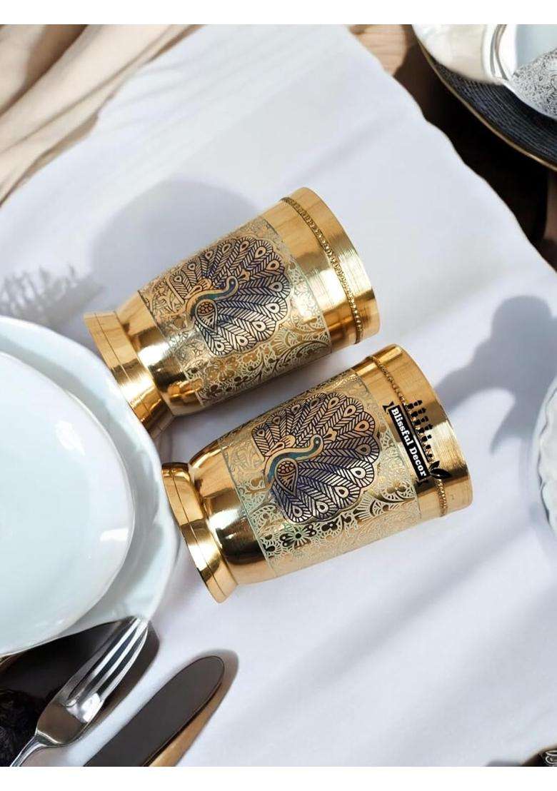 Blissful Decor Pure Brass Brass Leser Peacock Design Glass | 250 ml | 8.5 fl oz | 2-Piece Set - Indya
