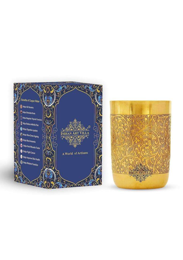 INDIAN ART VILLA Pure Brass Glass Tumbler with Floral Embossed Straight Design | 300 ml | 10.1 fl oz - Indya