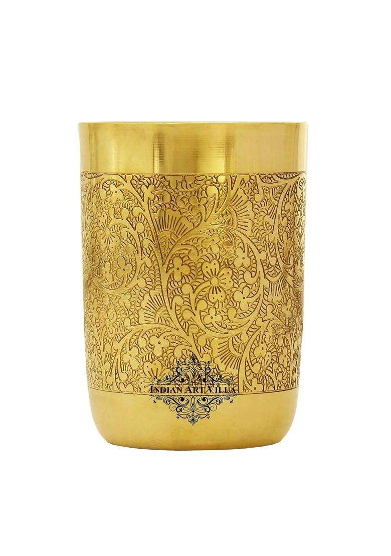 INDIAN ART VILLA Pure Brass Glass Tumbler with Floral Embossed Straight Design | 300 ml | 10.1 fl oz - Indya