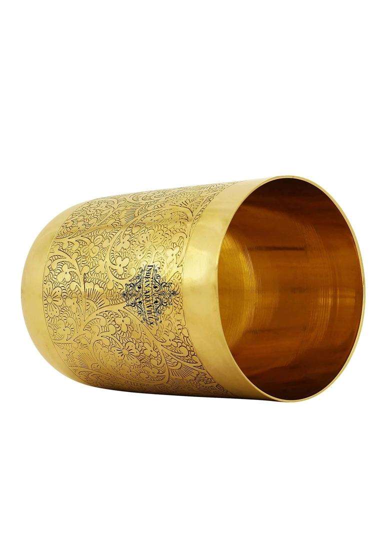 INDIAN ART VILLA Pure Brass Glass Tumbler with Floral Embossed Straight Design | 300 ml | 10.1 fl oz - Indya