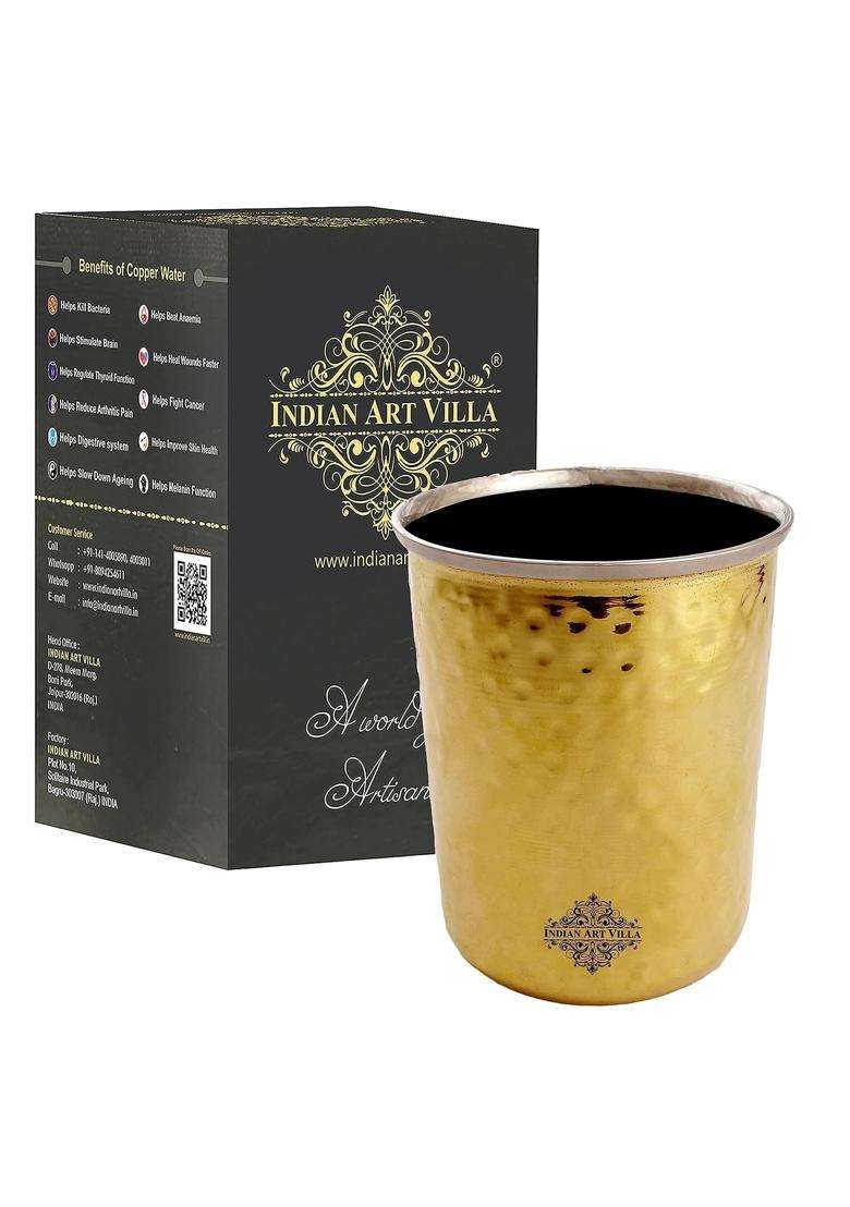 INDIAN ART VILLA Brass Steel Hammered Glass with Brass Finish | 300 ml | 10.1 fl oz - Indya