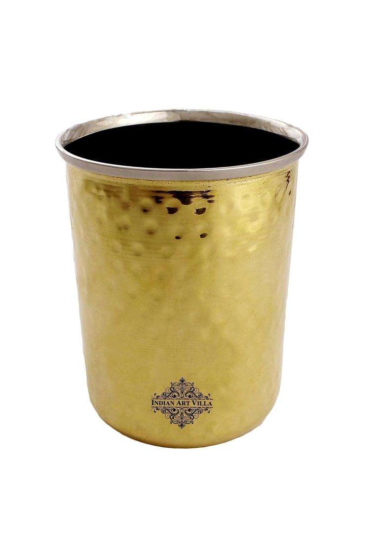 INDIAN ART VILLA Brass Steel Hammered Glass with Brass Finish | 300 ml | 10.1 fl oz - Indya