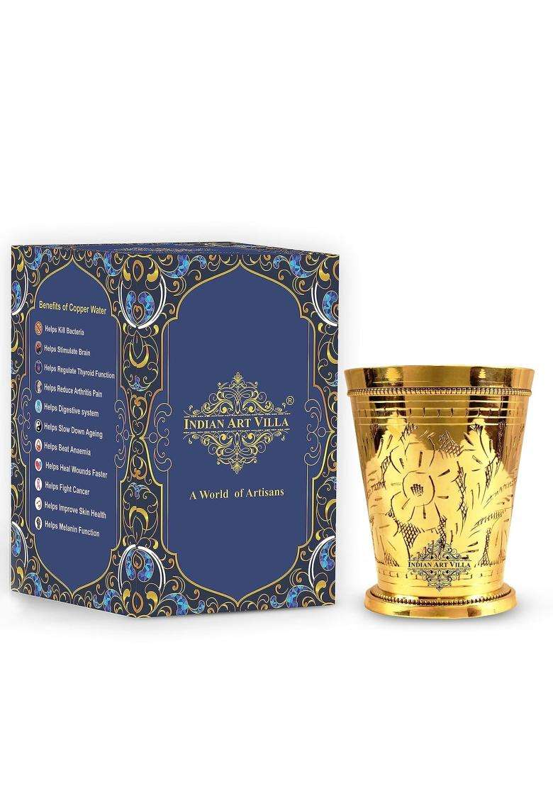 INDIAN ART VILLA Brass Embossed Flower Design Julep Glass | 300 ml | 10.1 fl oz - Indya