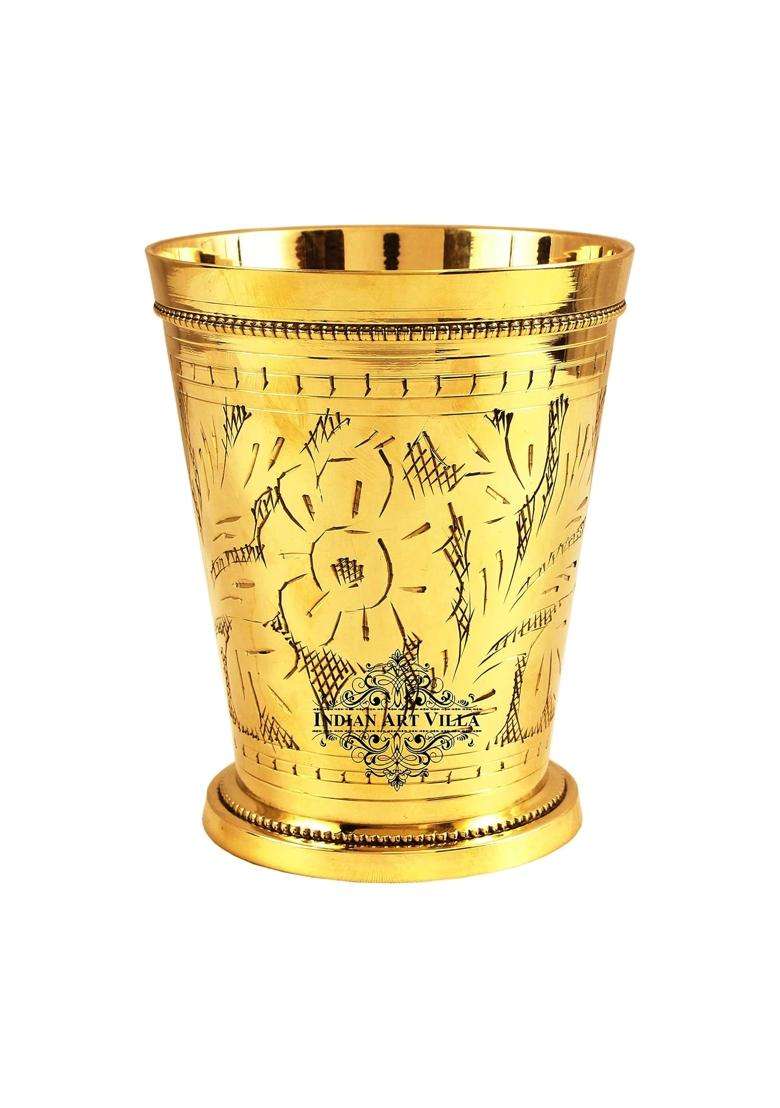INDIAN ART VILLA Brass Embossed Flower Design Julep Glass | 300 ml | 10.1 fl oz - Indya