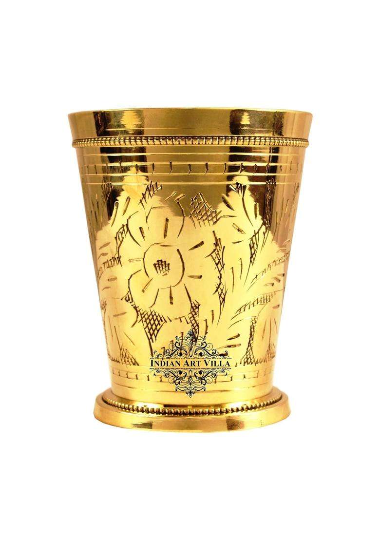 INDIAN ART VILLA Brass Embossed Flower Design Julep Glass | 300 ml | 10.1 fl oz - Indya