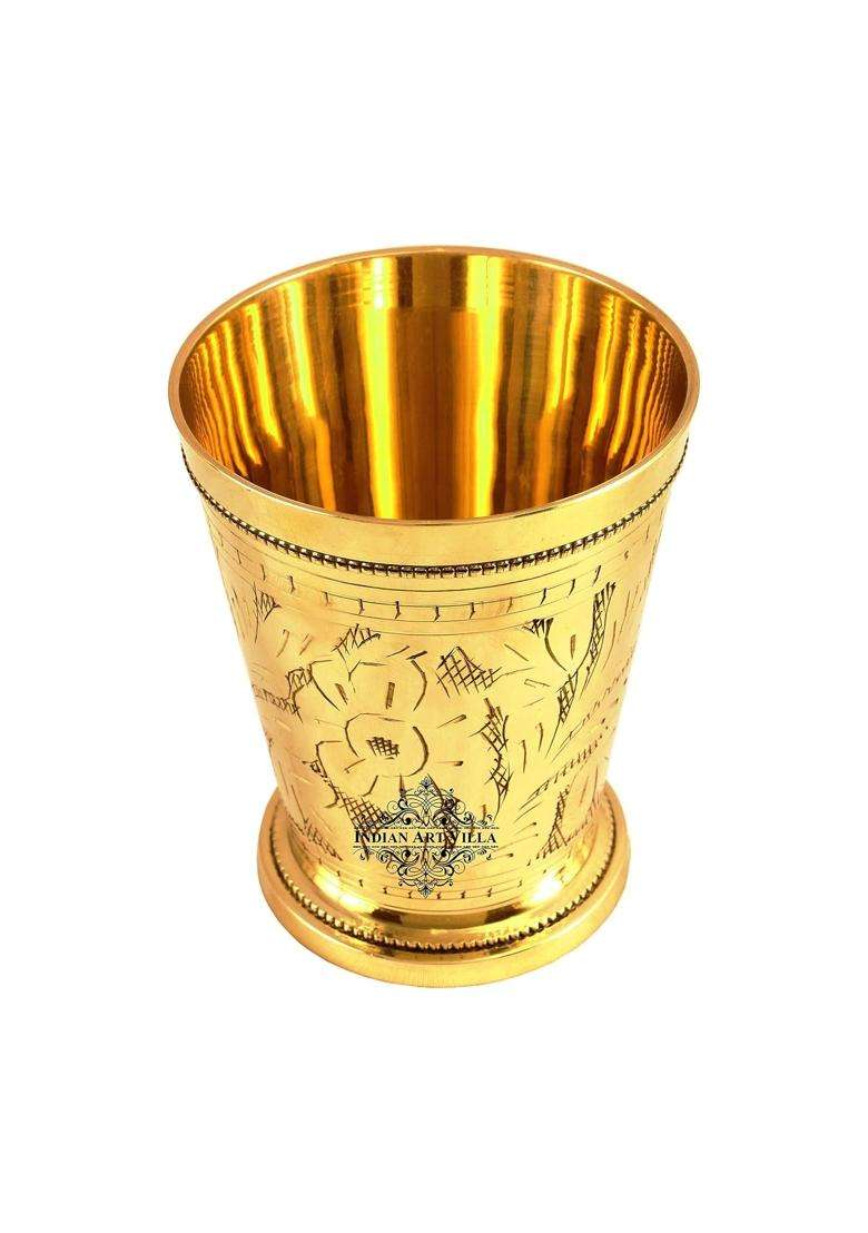 INDIAN ART VILLA Brass Embossed Flower Design Julep Glass | 300 ml | 10.1 fl oz - Indya