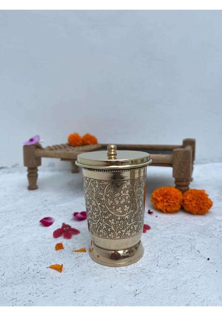 Brass Globe Brass Glass with Lid and Coaster | 2-Piece Set - Indya