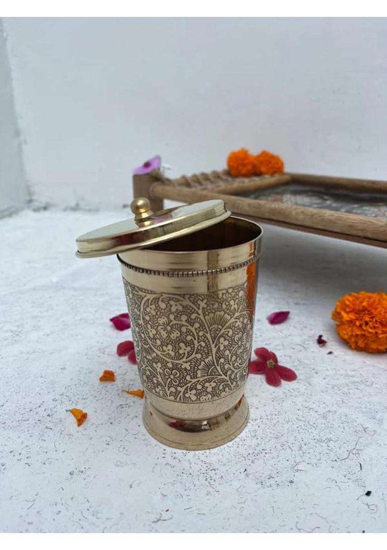 Brass Globe Brass Glass with Lid and Coaster | 2-Piece Set - Indya