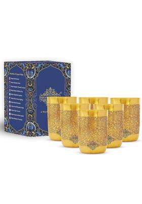 INDIAN ART VILLA Pure Brass Glass Tumbler with Floral Embossed Straight Design | 300 ml | 10.1 fl oz | 6-Piece Set