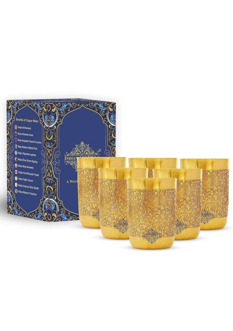 INDIAN ART VILLA Pure Brass Glass Tumbler with Floral Embossed Straight Design | 300 ml | 10.1 fl oz | 6-Piece Set - Indya