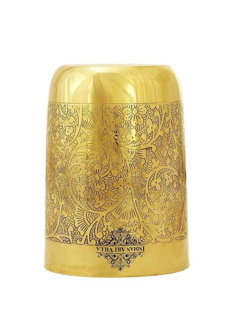 INDIAN ART VILLA Pure Brass Glass Tumbler with Floral Embossed Straight Design | 300 ml | 10.1 fl oz | 6-Piece Set - Indya