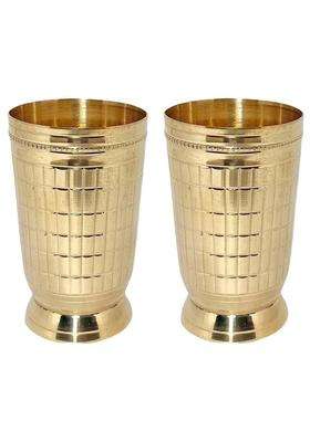 THE HEALING STORE Designer Brass Glass Handcrafted Brass Drinking Tumbler for Water | 300 ml | 10.1 fl oz | Pack of 2