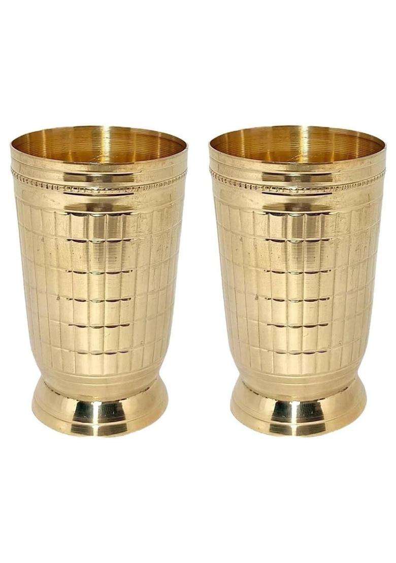 THE HEALING STORE Designer Brass Glass Handcrafted Brass Drinking Tumbler for Water | 300 ml | 10.1 fl oz | Pack of 2 - Indya