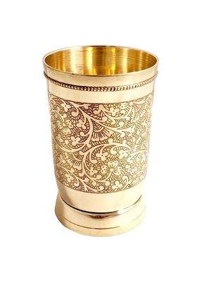 Karmbhumi Pure Brass Mughlai Style Embossed Design Glass Tumbler | 250 ml | 8.5 fl oz | 2-Piece Set