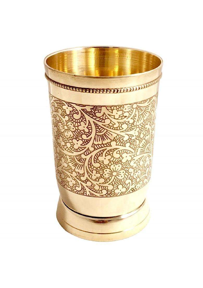 Karmbhumi Pure Brass Mughlai Style Embossed Design Glass Tumbler | 250 ml | 8.5 fl oz | 2-Piece Set - Indya