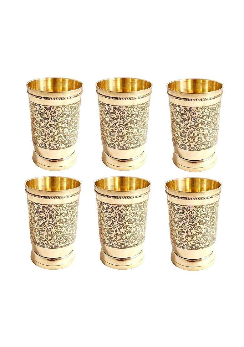 Karmbhumi Pure Brass Mughlai Style Embossed Design Glass Tumbler | 250 ml | 8.5 fl oz | 2-Piece Set - Indya