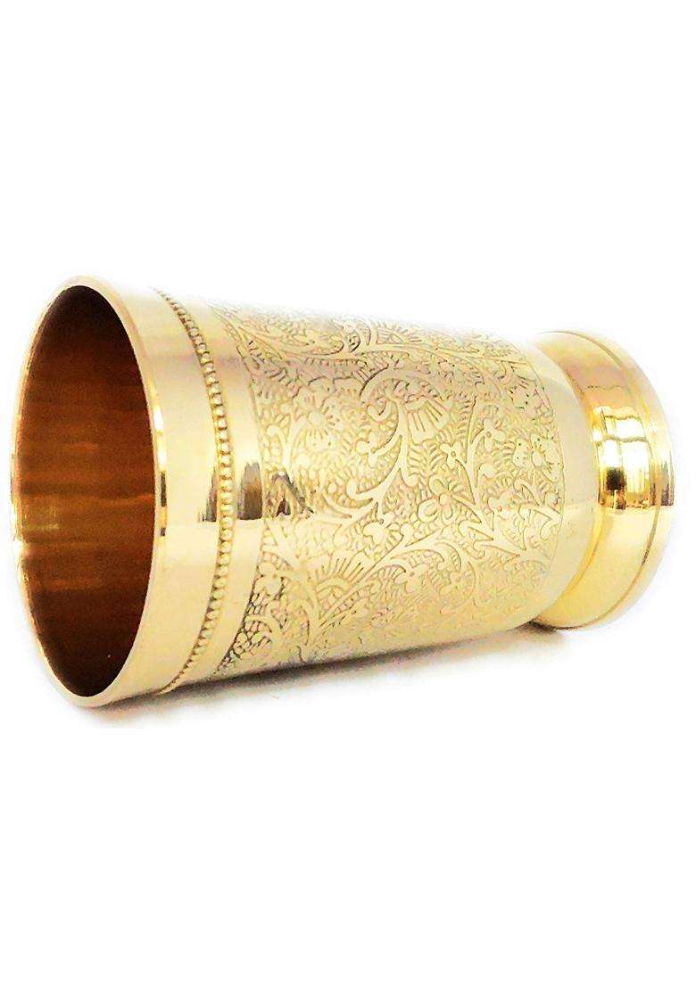 Karmbhumi Pure Brass Mughlai Style Embossed Design Glass Tumbler | 250 ml | 8.5 fl oz | 2-Piece Set - Indya