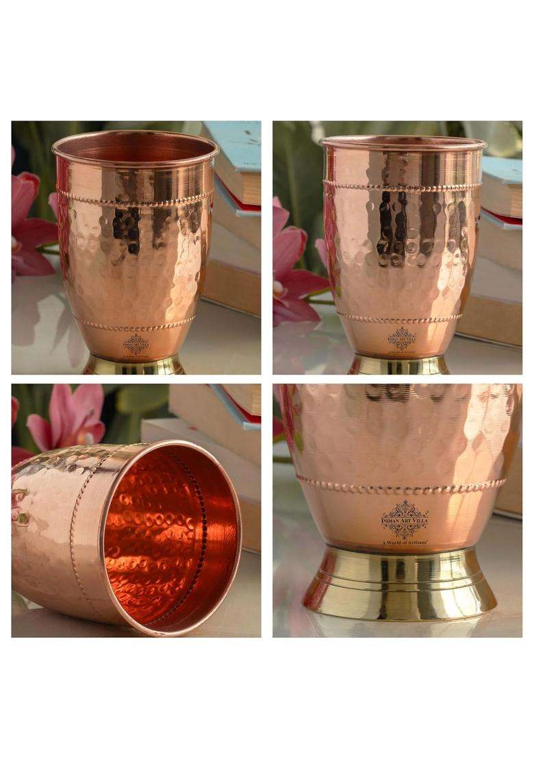 INDIAN ART VILLA Copper Hammered Glass with Brass Bottom | 400 ml | 13.5 fl oz | Handcrafted - Indya
