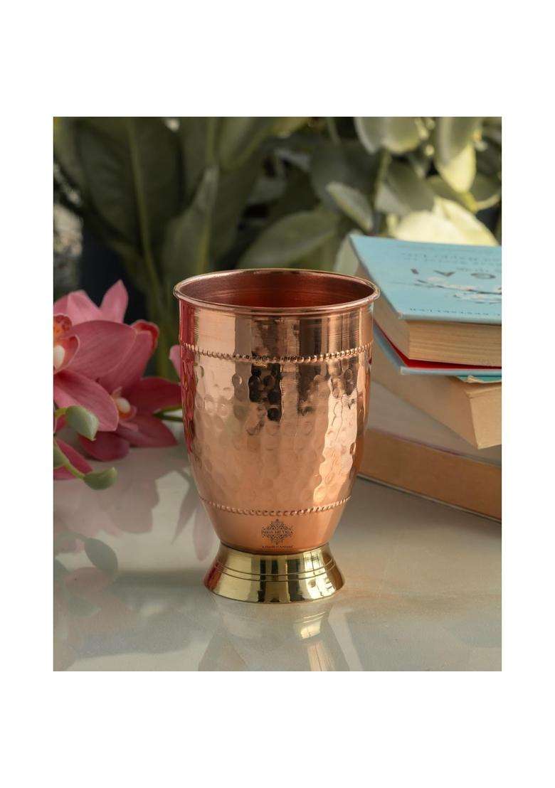 INDIAN ART VILLA Copper Hammered Glass with Brass Bottom | 400 ml | 13.5 fl oz | Handcrafted - Indya