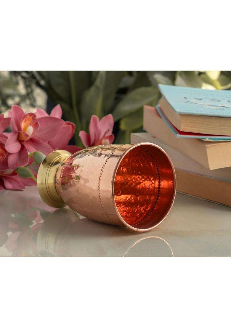INDIAN ART VILLA Copper Hammered Glass with Brass Bottom | 400 ml | 13.5 fl oz | Handcrafted - Indya